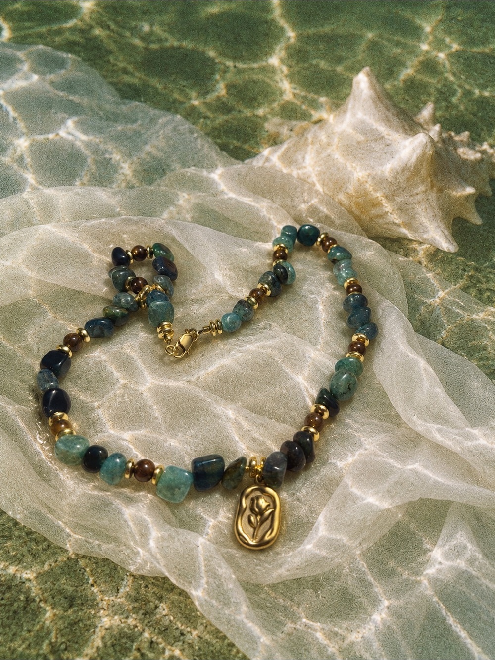 Gold Pendant Beaded Necklace Indian Agate and Vintage Rose